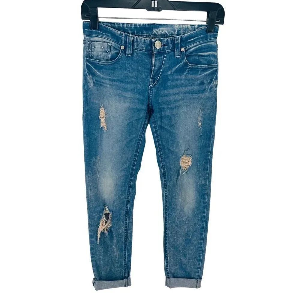 Women's Ripped Jeans Skinny Sleg Mid Rise Denim Distressed Blue Size 26